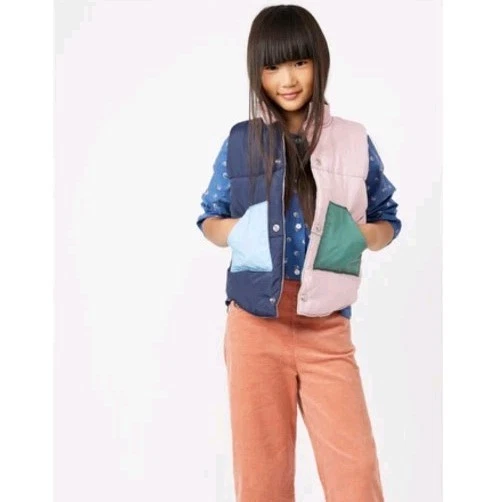 Maison Me Kids Girls Snap Puffer Vest Emery Color Blocked Pink Blue Split 4Y 4T - Image 3 of 4