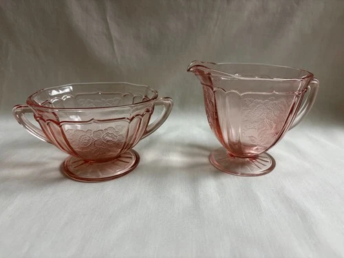 Anchor Hocking Pink Mayfair /Open Rose Footed Sugar and Creamer Set