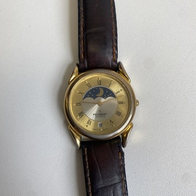 VTG Peugeot Moon Phase Watch Womens Gold Tone Date Brown Leather - Read Desc