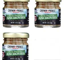 3 PACK - Crown Prince Natural Flat Fillets of Anchovies in Pure Olive Oil 1.5 oz
