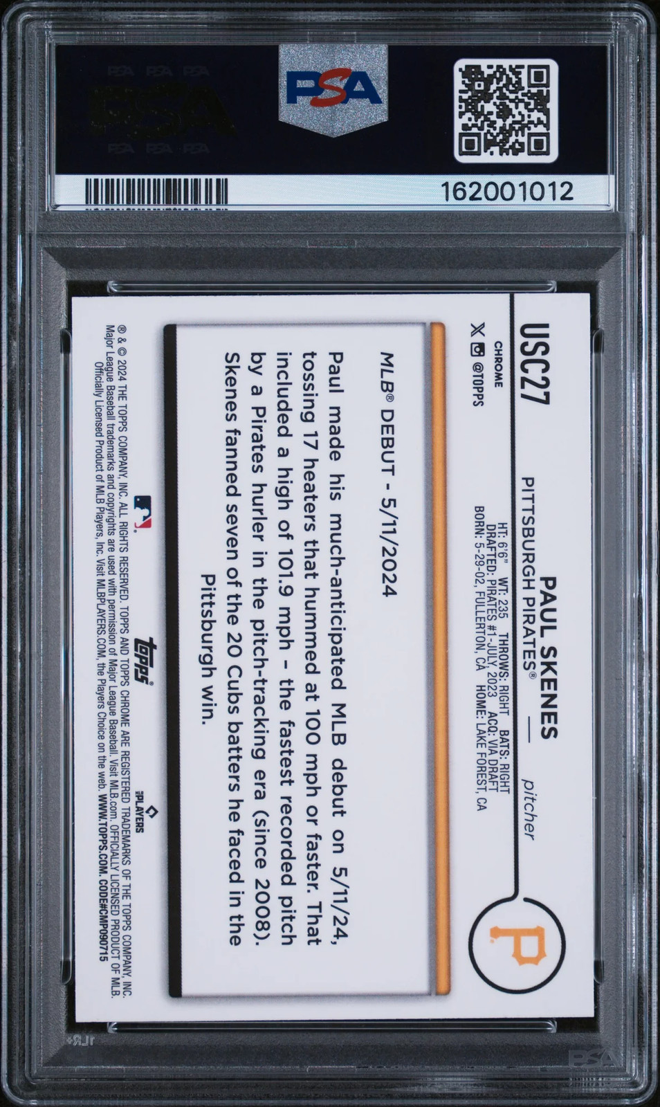 Paul Skenes 2024 Topps Chrome Update Rookie RC Pittsburgh Pirates #27 PSA 10 view 2