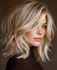 Human Hair New Fashion Layered Long Natural Golden Brown Wavy Women's Wigs 14in