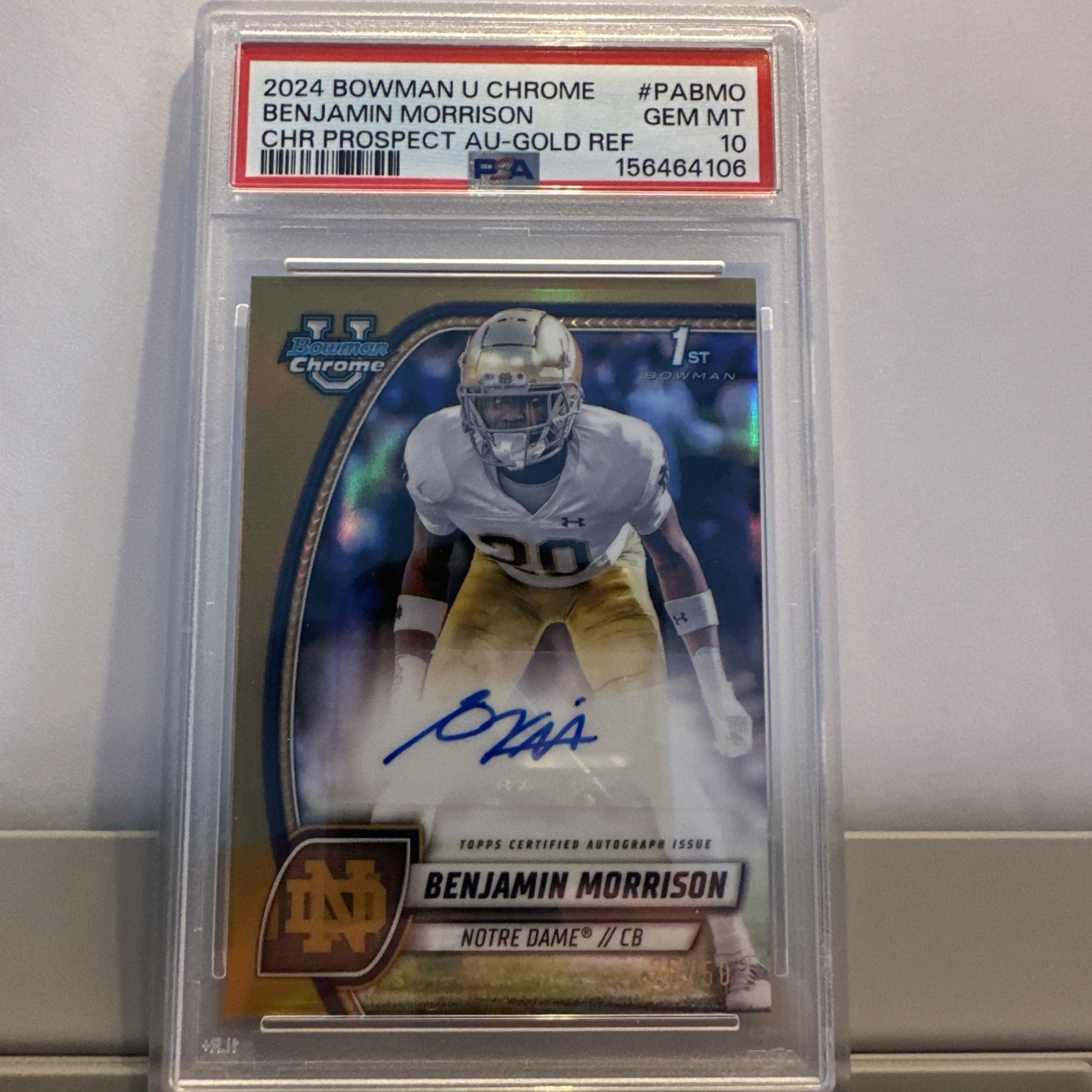 2024 Bowman Chrome Benjamin Morrison #PA-BMO Gold Refractor SN/50 PSA10