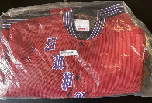 Veste SS18 Supreme ancienne anglaise velours côtelé Varsity Coa rouge XL neuve rare