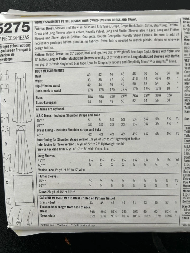 Simplicity 5275 Evening Wear Wedding Dress Sewing Pattern 18W-24W Uncut - Image 3 of 4