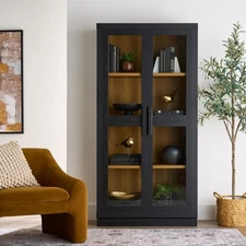 Modern Black 2 Two Door Glass Display Accent Storage Cabinet Adjustable Shelves