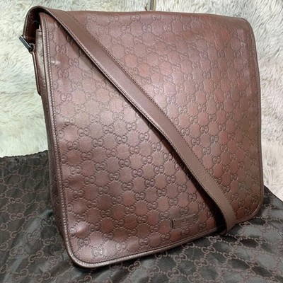 GUCCI Messenger Bag GG Monogram Leather Brown Authentic From Japan
