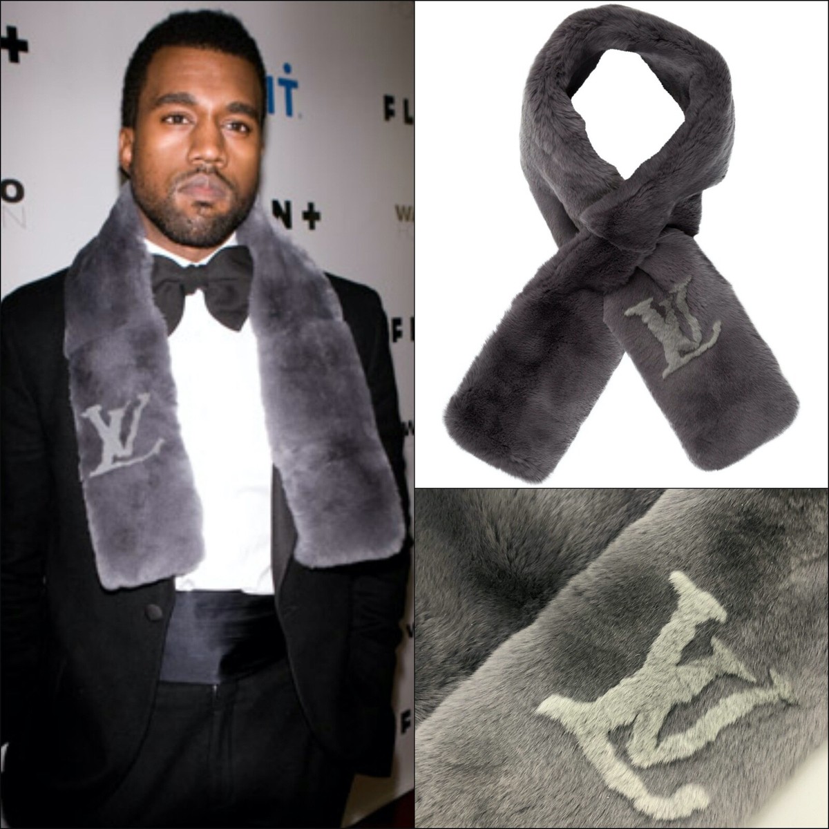 Louis Vuitton Men LV Logo Monogram Large Rabbit FUR Collar Scarf