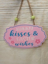 New "Bunny Kisses  Easter Wishes" Hanging Wood Sign Decor Ornament Spring