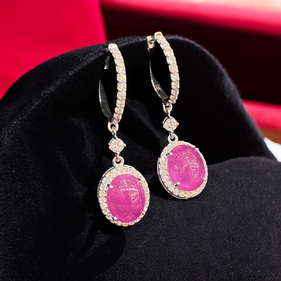 Pave 9.50 Cts Round Brilliant Cut Natural Diamonds Ruby Dangle Earrings 18K Gold - Image 2 of 4