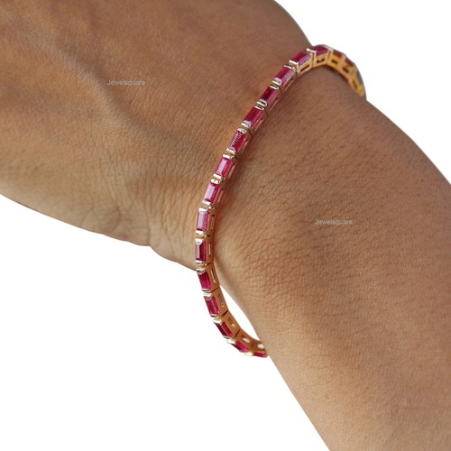 4x2mm Natural Baguette Ruby Stackable Tennis Bangle Bracelet 14k Yellow Gold - Picture 5 of 9