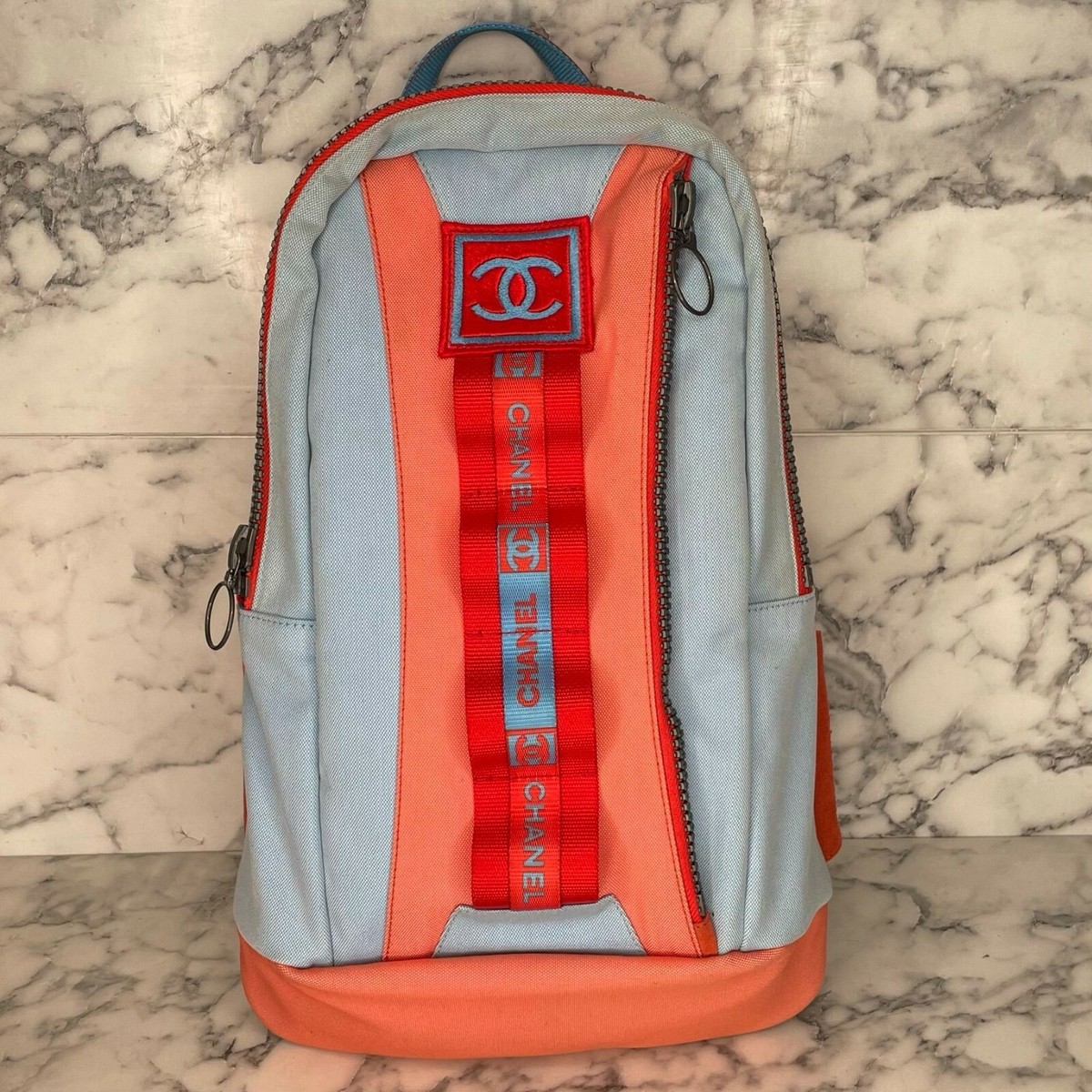 CHANEL Vintage 2002 Sport Collection Blue & Coral Canvas CC Logo