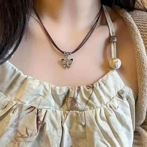 Boho Retro Butterfly Charm Necklace White K Plating Leather Rope Women Gift New image 2
