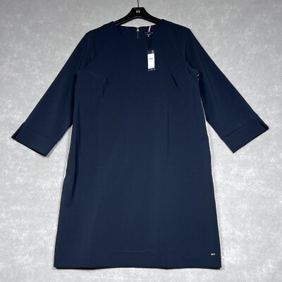 Tommy Hilfiger Shift Dress Women Large Navy Hardware Sleeve Knee Length NWT $98