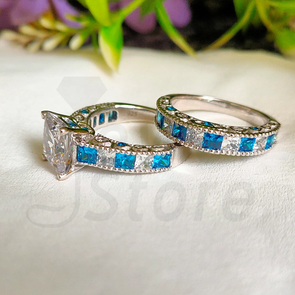 2 Karat Princess Vintage Braut Ring Set Trauring Verlobungsring Weißgold-Finish - Bild 4 von 4