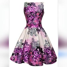 Lady Vintage Made In London Tea Dress Purple Rose Sleeveless Belted Retro 50s