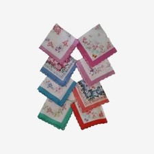 8 MCM VTG Ladies Handkerchiefs Botanical Scalloped Edges Floral Multi Colors 12"