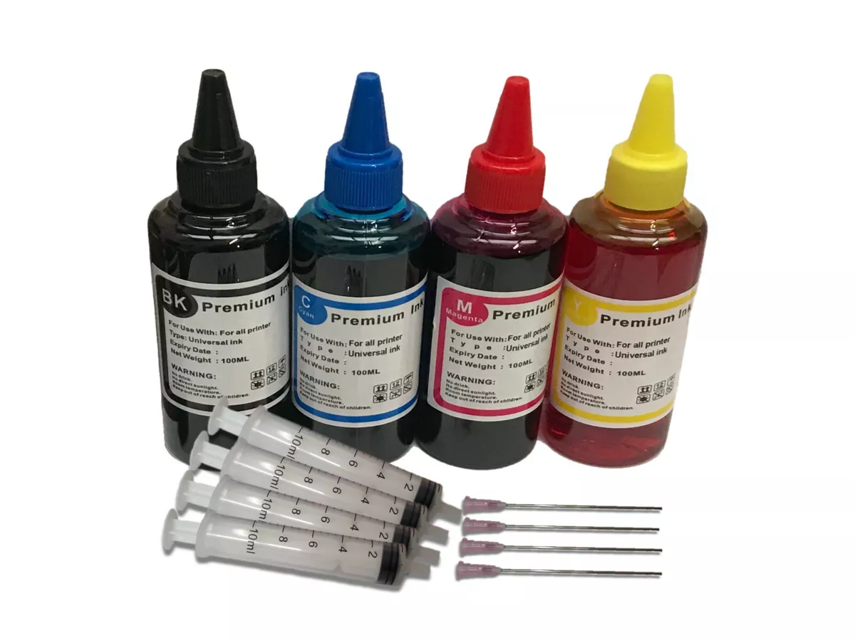 4 x 100ml Printer Ciss Refill Ink Bottle fits Epson HP Canon Kit syringe