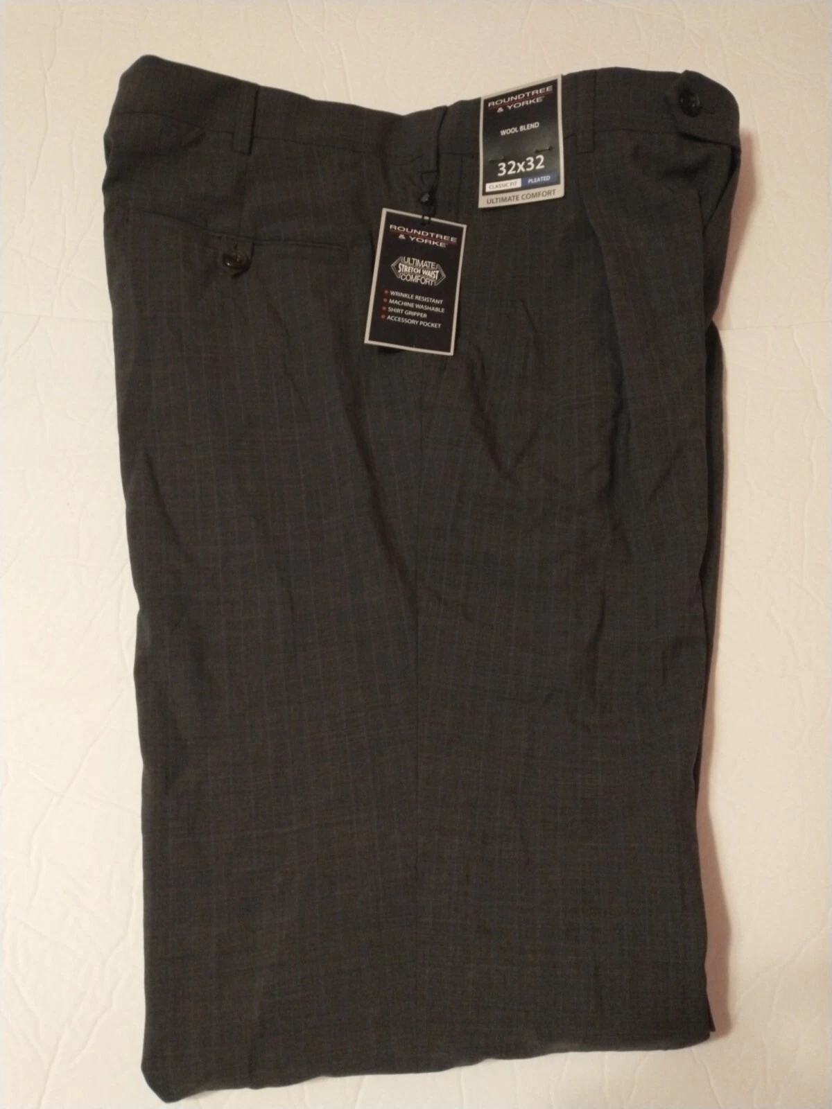 Men's Roundtree & Yorke Classic Fit Wool Blend Grey Pants 32x31 pleated