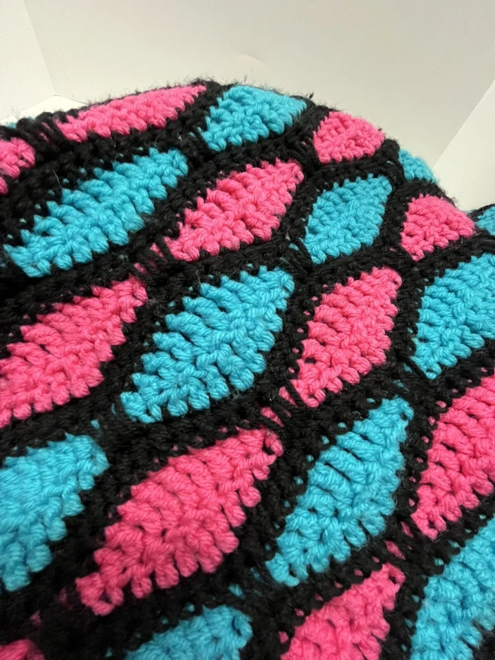 48x80 Teal Pink Black Diamond Appeal Pattern Crochet Afghan with Fringe - Image 2 of 4