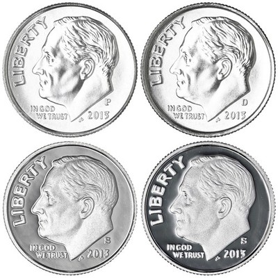 2013 P D S S Roosevelt Dime Year Set Silver & Clad Proof & BU US 4 Coin Lot