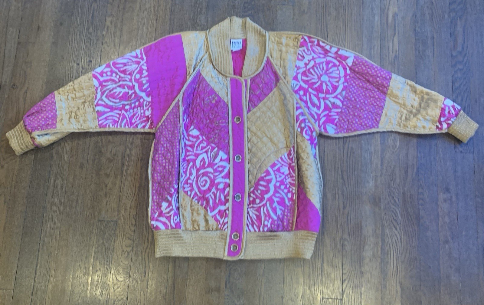 Vintage Jeanne Marc Quilted Gold Hot Pink Jacket Womens S 8/10 80s 90s