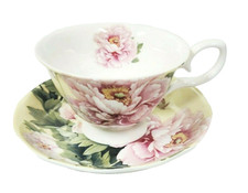 NEW GRACIE STECHCOL BONE CHINA PINK PEONY FLOWER GREEN COFFEE MUG TEACUP SAUCER