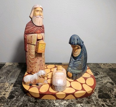 Russian Orthodox Nativity Scene Wood Peg Handmade Carved Signed