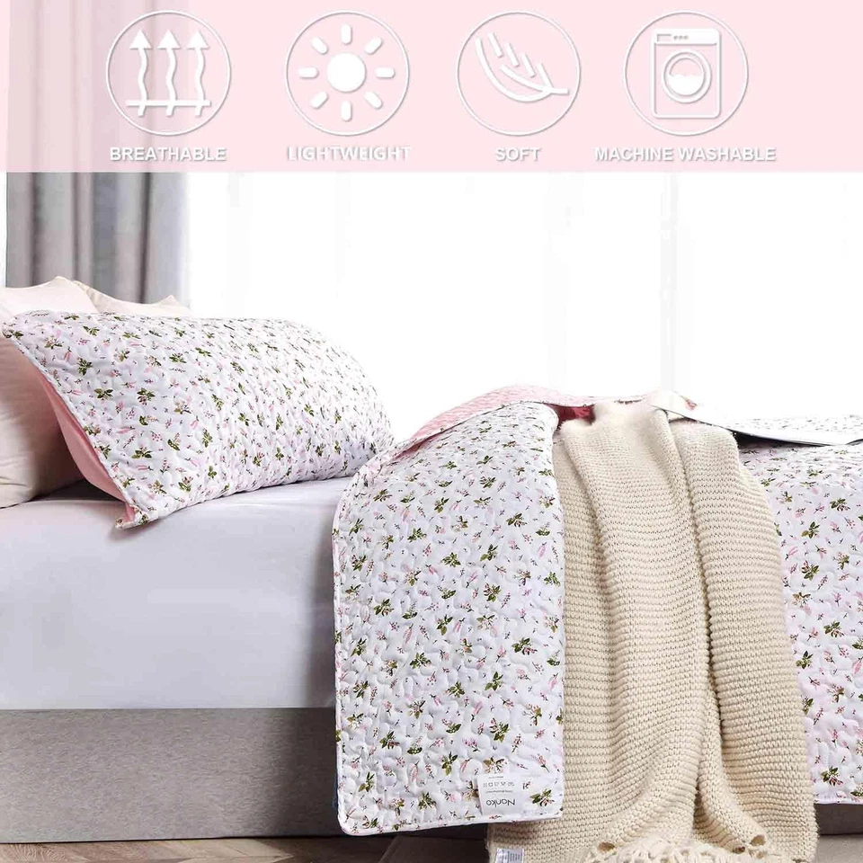 Juego de Edredón Doble XL Talla 2 Piezas, Camas Blanco y Rosa Floral Verde Patrón Flor... Foto 3 de 4