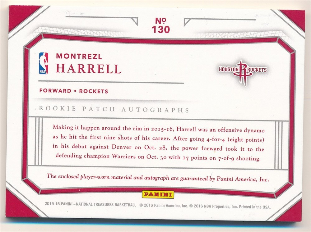MONTREZL HARRELL 2015/16 NATIONAL TREASURES RC AUTOGRAPH 2 COLOR PATCH AUTO #/99 view 2