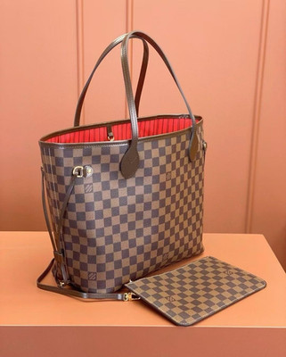 Louis Vuitton Neverfull MM Damier Ebene Tote w/ Pouch Brown Red Lining