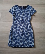 Tenki Blue Leaf Print & Mesh Shift Dress Wedding Party Occasion Holiday UK10