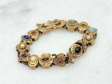 Vintage Signed Goldette NY Victorian Revival Charm Slide Bracelet 7.25”