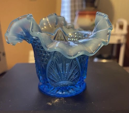 FENTON Sapphire Blue Opalescent Vase Ruffled Crest  “Regency” Pattern