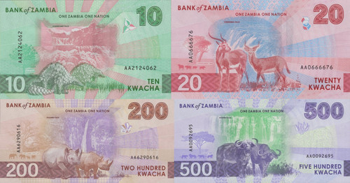 Zambia 10 20 200 500 Kwacha 2024 2025 P Nuova Emissione Prefisso AA UNC Set 4 pz - Foto 2 di 4