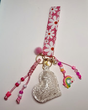 Pink White Floral Wristlet Key Chain Beaded Pom Pom Heart Rainbow Charm