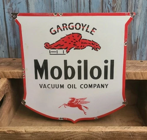 Vintage Gargoyle Mobiloil Porcelain Metal Shield Sign Mobil Oil Gas Pegasus