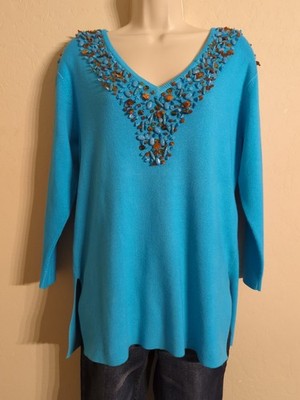 Woman V- Neck Beaded Turquoise Sweater 3/4 Sleeve  Pullover Sample 