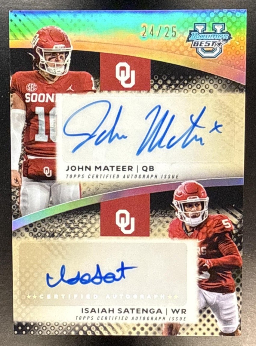 2025 Bowman's Best University John Mateer Isaiah Satenga #DA-OU Dual Auto /25