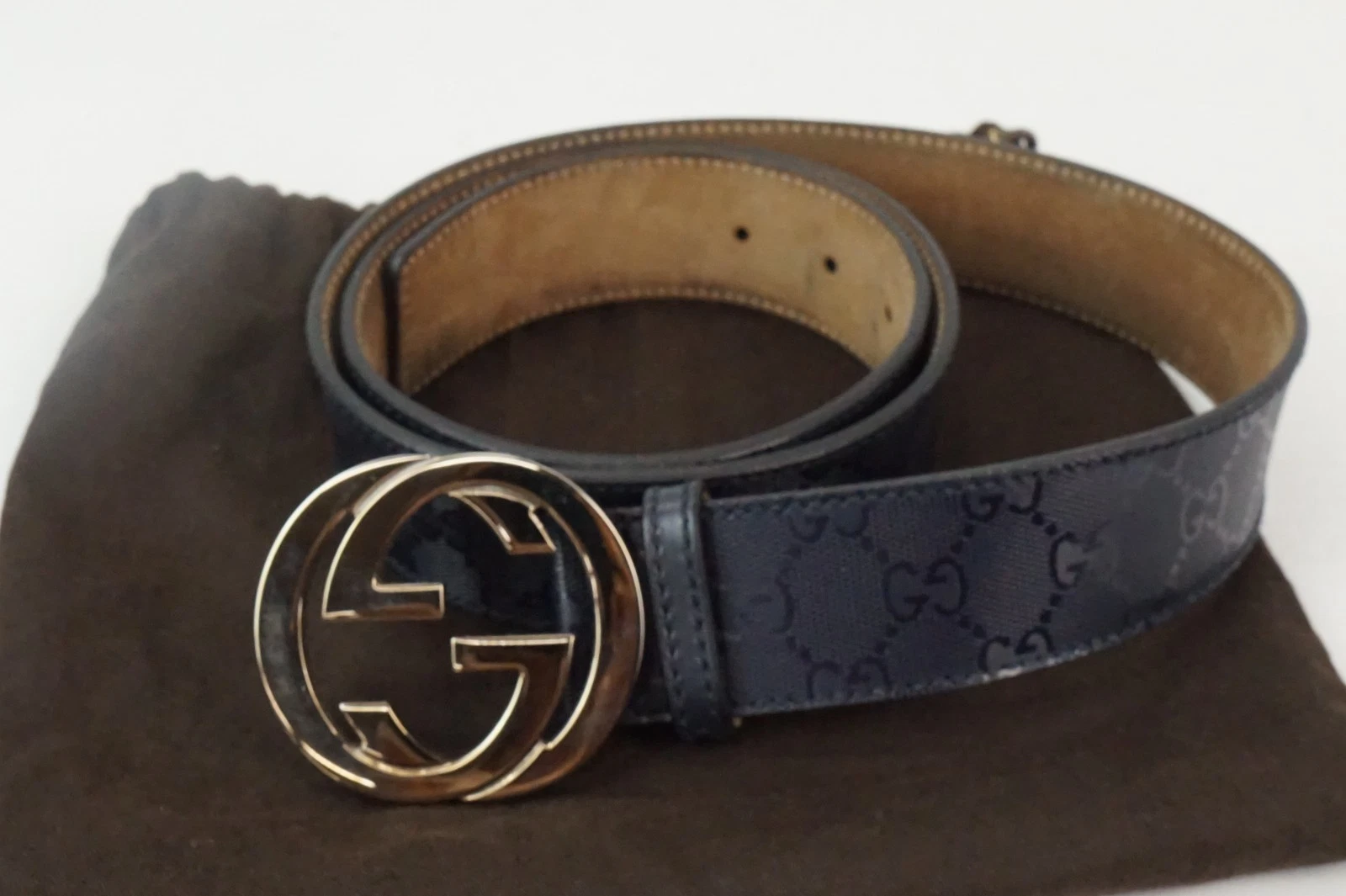 Cintura Guccissima firmata Guccissima in pelle blu fibbia oro taglia 44