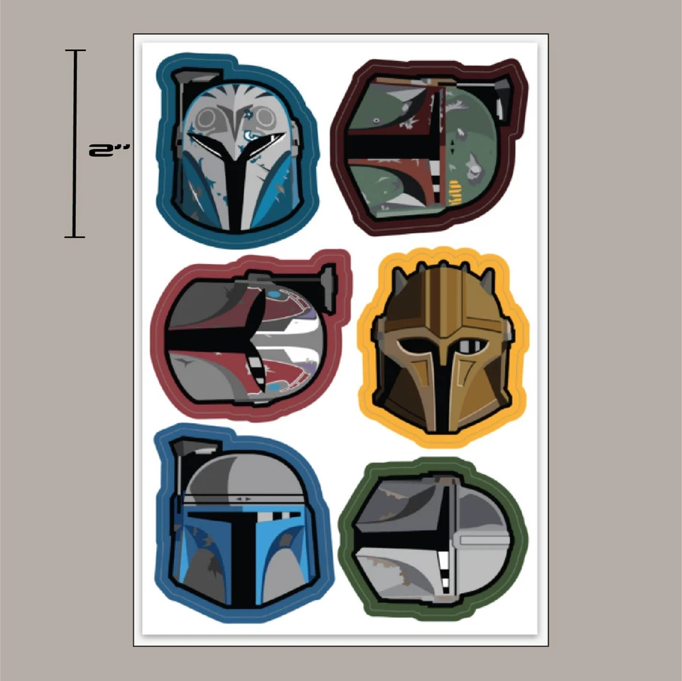Star Wars BUCKETS Set of 6 Mandalore helmet vinyl 2-inch stickers 4x6 inch sheet - Image 2 of 3