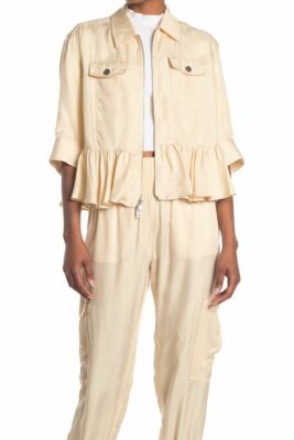 CINQ À SEPT Helene Pleated Peplum Hem Full- Zip Jacket size XS S