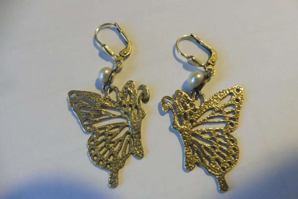 Belle Orecchini (Orecchini A Goccia), 925 Argento Placcato Oro, Perle, Farfalle - Immagine 3 di 3