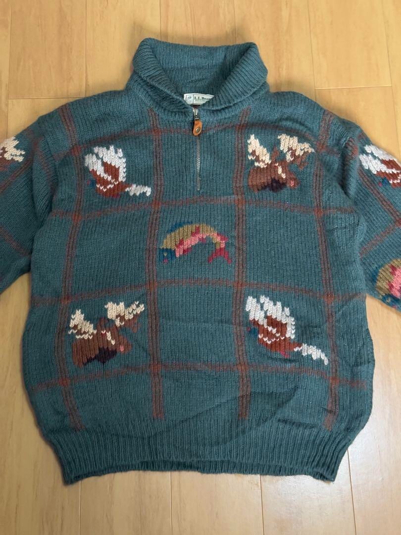 L.L.Bean Animal Pattern Half-Zip Knit Sweater Size L green fashion