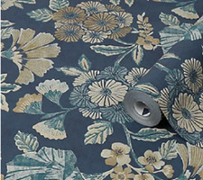 Image of Navy Floral Wallpaper Boutique Metallic Effect Textured Vinyl Graham Brown
