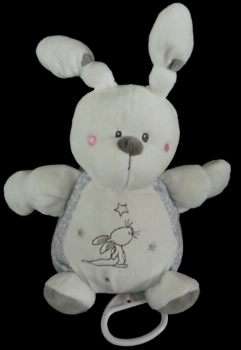 Z5. DOUDOU BOULE MUSICAL NICOTOY SIMBA LAPIN GRIS BLANC ETOILES ETAT NEUF* - Photo 2/11