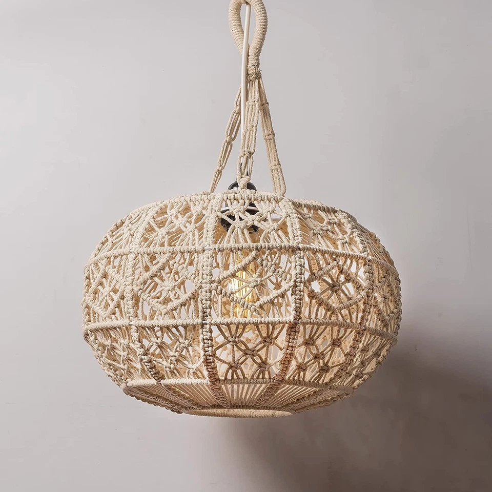 Boho Hanging Lamp Lampshade Hand Woven Lamps Living Room LED Filament Bulb - Image 2 of 4