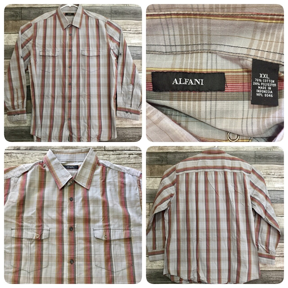 Alfani Plaid Button Down Shirt Long Sleeve Men's Size XXL Gray Red