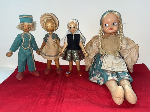 VTG 1950’S LOT 4 POLAND DOLLS 1 14” BRAIDS & 3 SMALLER WOOD ESTATE SALE FIND - Picture 2 of 21