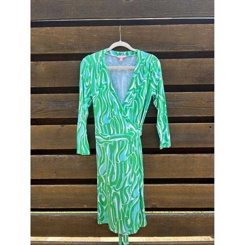 Lilly Pulitzer Charlena Swirl Wrap Dress Green Blue 3/4 Sleeve Medium